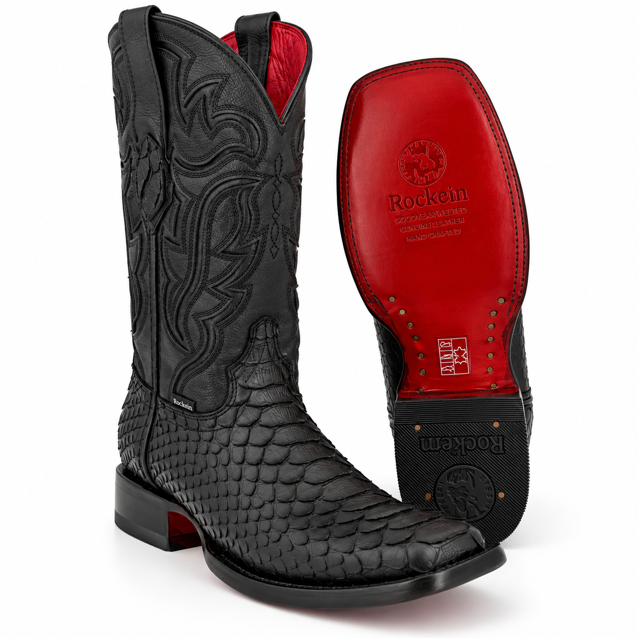 Rock'em Men's Python Print Red Bottom Cowboy Boot MR26 - Matte Black