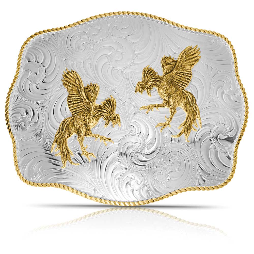 Montana Extra Large Engraved Scalloped Buckle With Fighting Roosters 1707