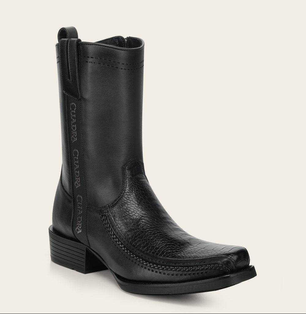 Cuadra Men's Ostrich Leg Laser and Zipper Narrow Toe CC299 - Black