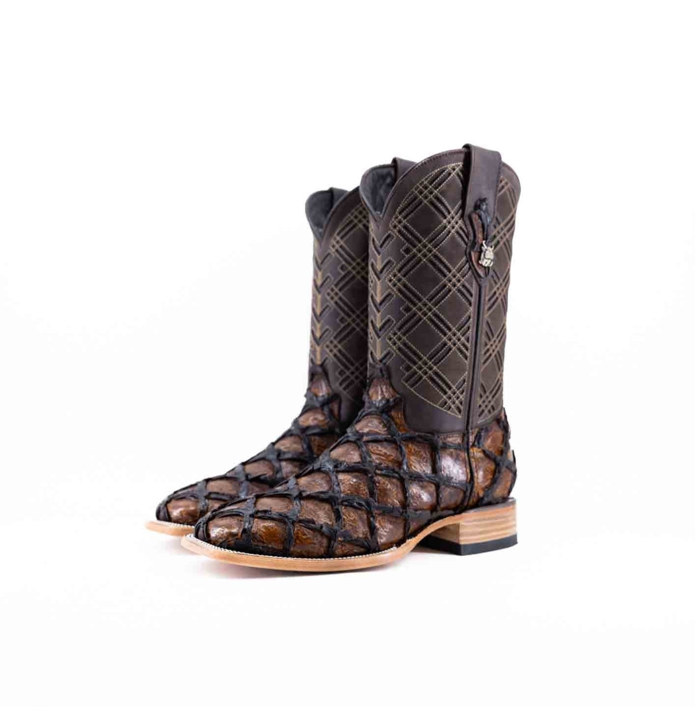 Rock'em Pirarucu Fish Print Square Toe Cowboy Boot - Honey