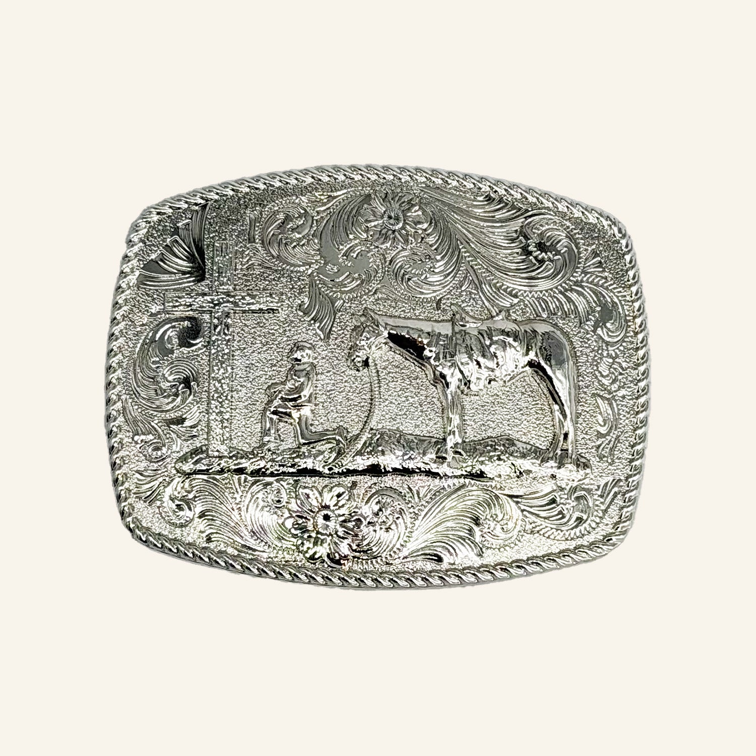 Cross and Horse Silver Cowboy Buckle CB05