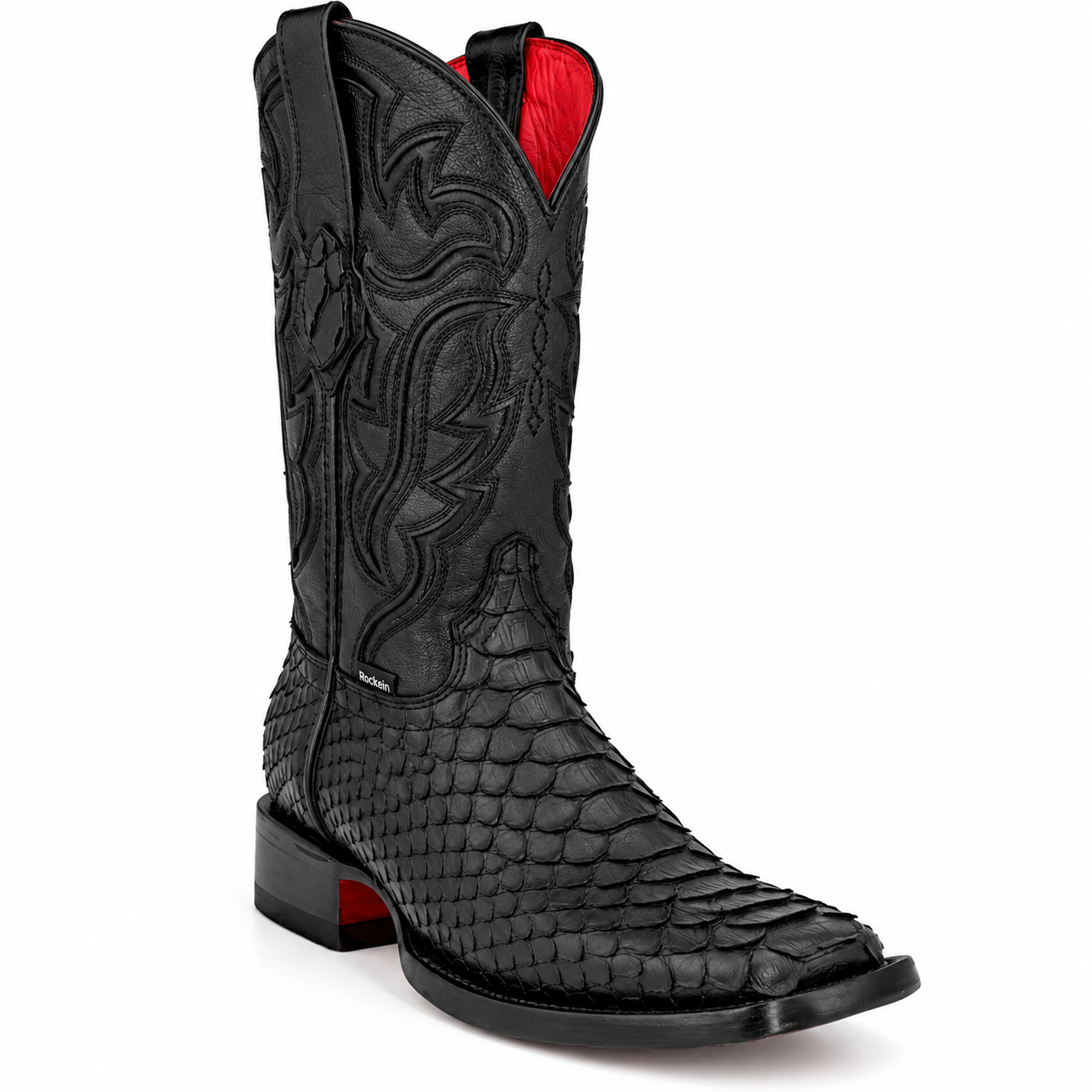 Rock'em Men's Python Print Red Bottom Cowboy Boot MR26 - Matte Black