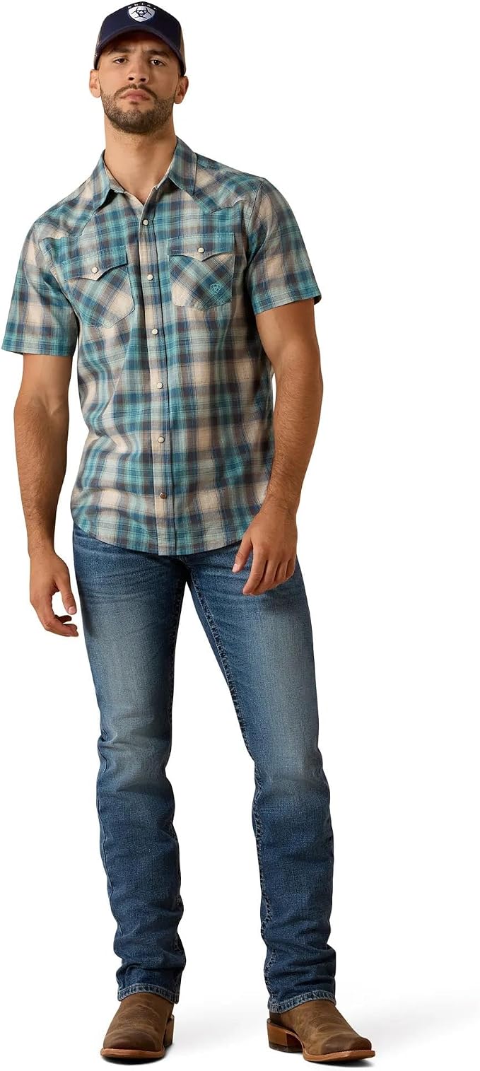 Ariat Men's Retro Halden Fitted Snap Shirt 10071738 - Teal Plaid          