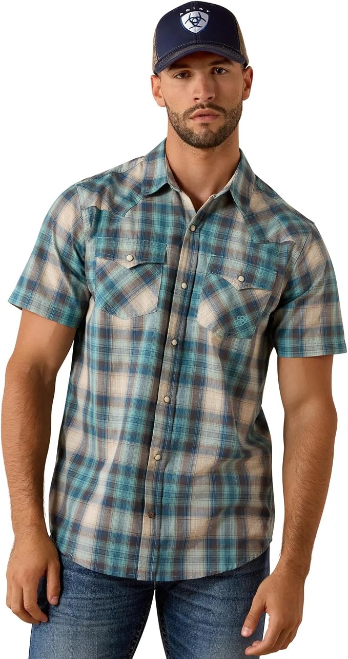 Ariat Men's Retro Halden Fitted Snap Shirt 10071738 - Teal Plaid          