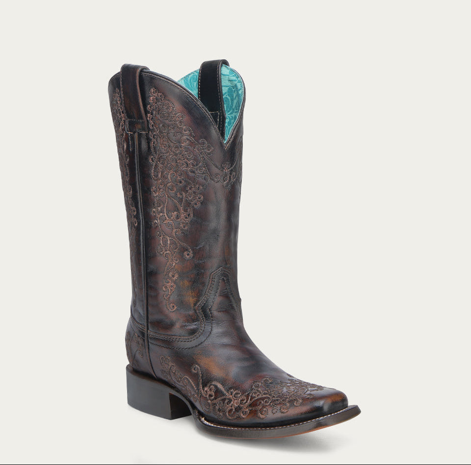 Corral Women's Floral Embroidery Square Toe Boot A4806 - Black/Honey