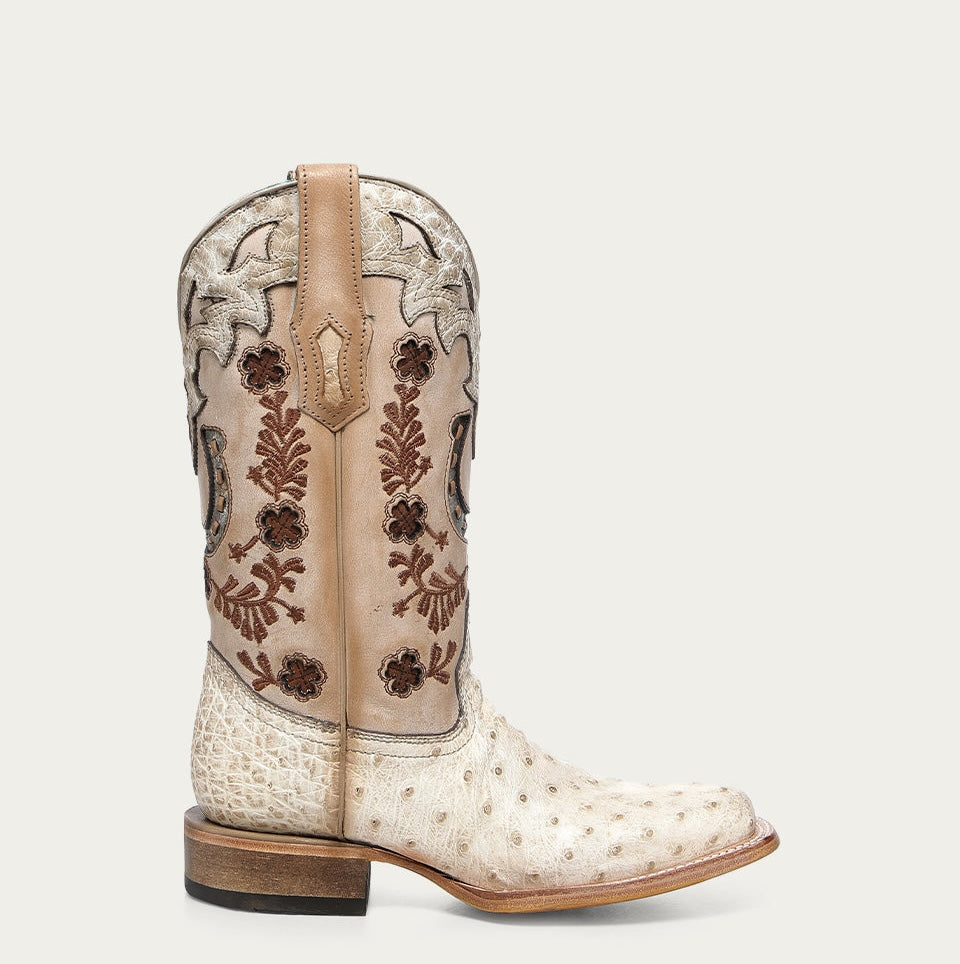 Corral Women's Ostrich Horseshoe Overlay & Embroidery Cowboy Boot A4850 - Ivory