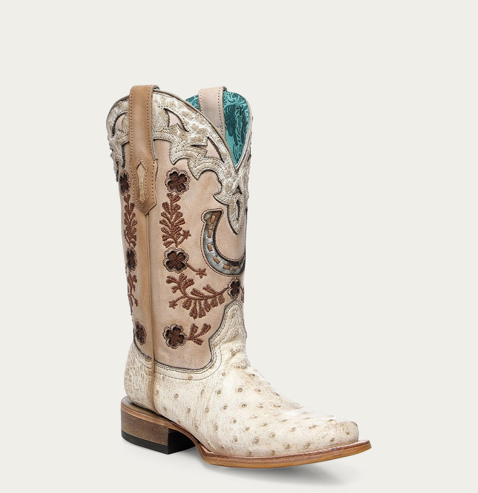 Corral Women's Ostrich Horseshoe Overlay & Embroidery Cowboy Boot A4850 - Ivory