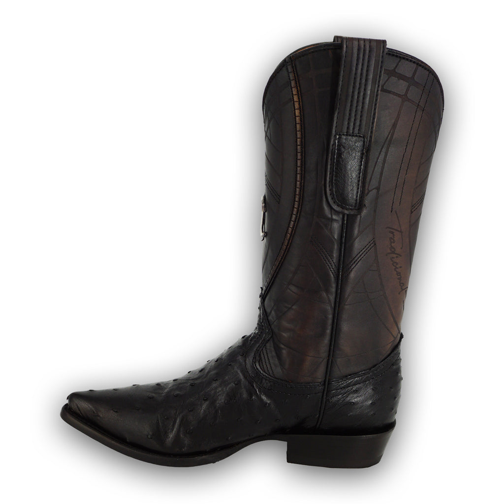Cuadra Men's Ostrich Laser and Embroidery Snip Toe CU807 - Black