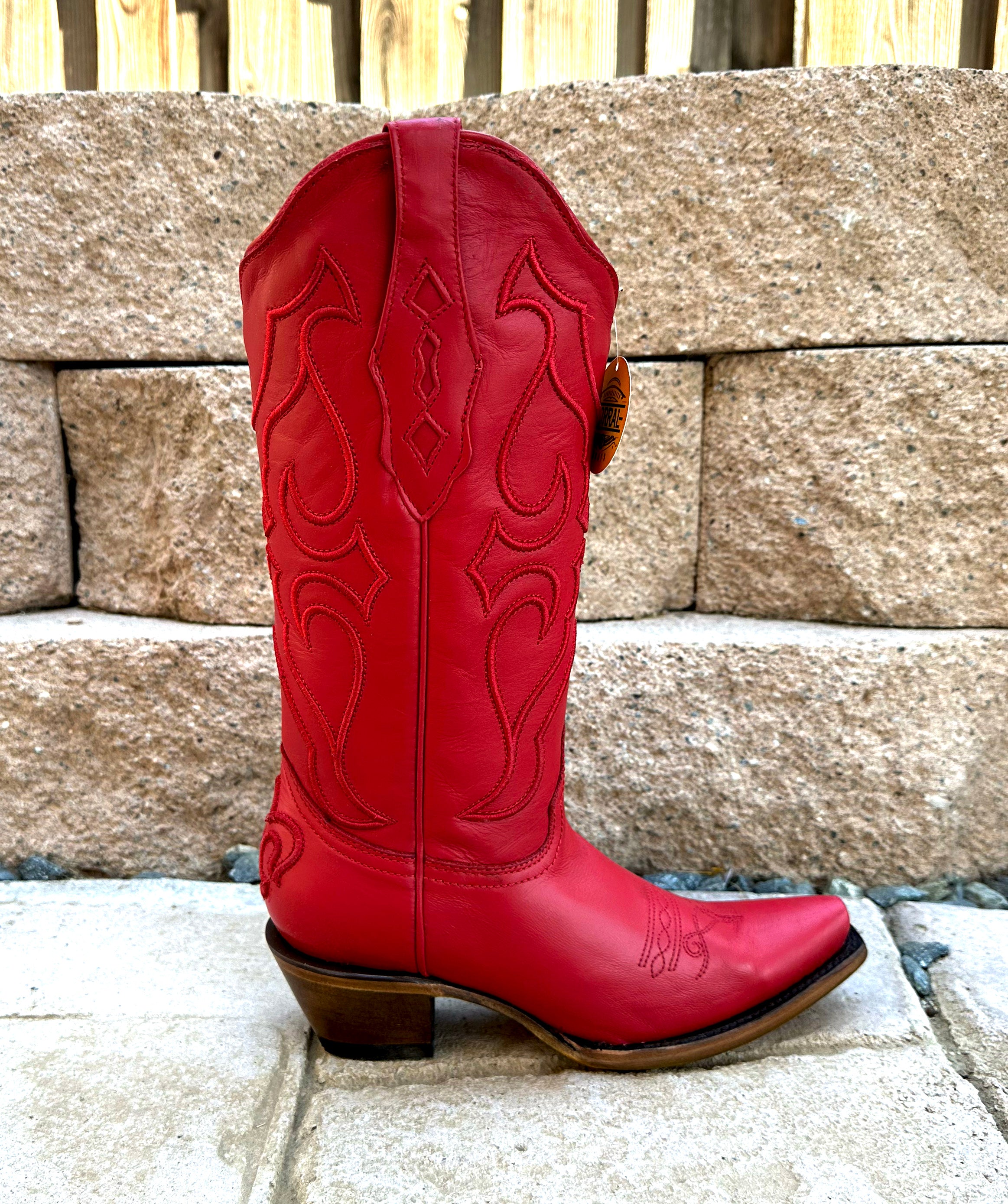 Corral Women's Snip Toe Boots Z5073 Stitch Pattern & Inlay Pullstraps - Red