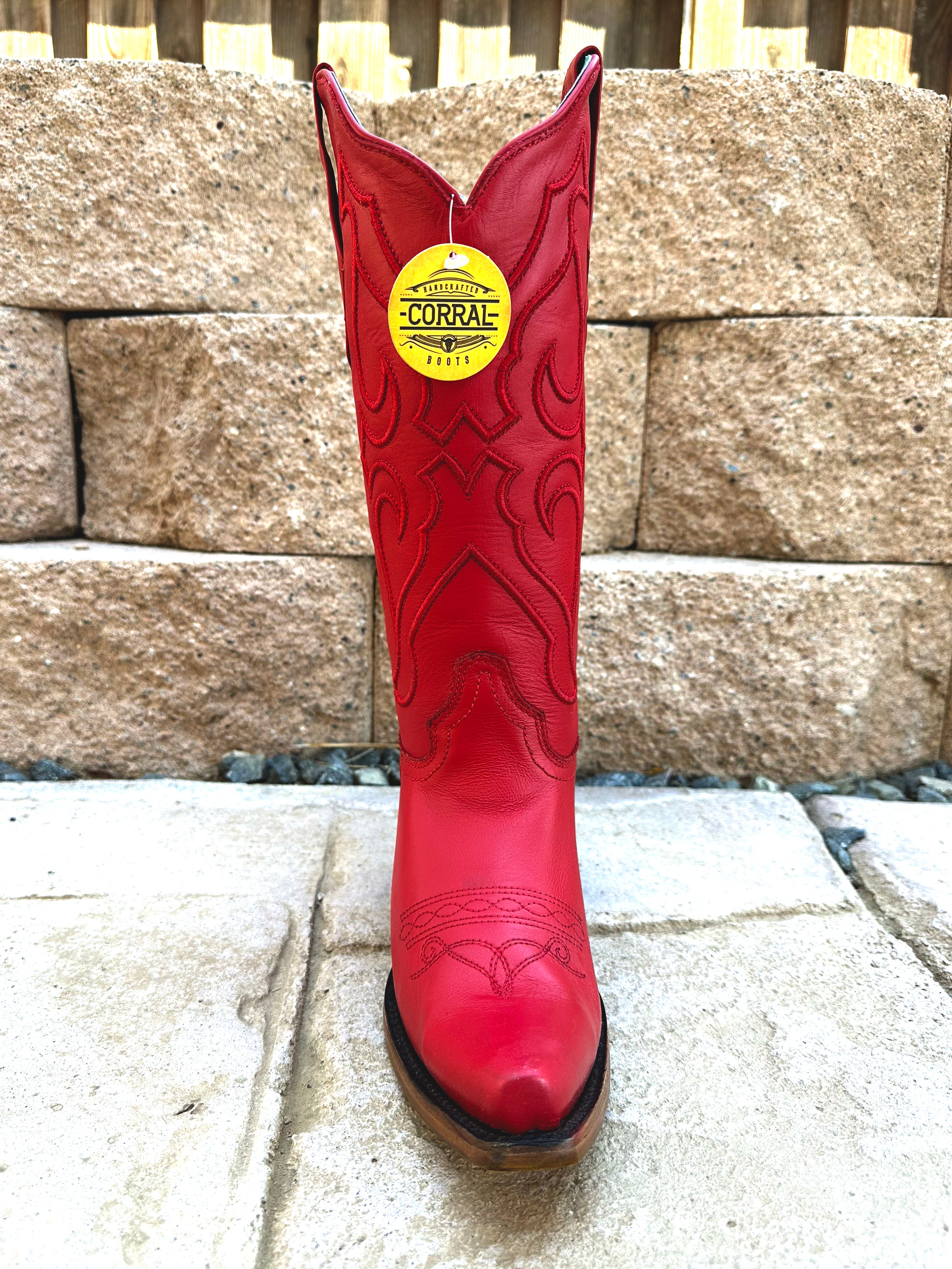 Corral Women's Snip Toe Boots Z5073 Stitch Pattern & Inlay Pullstraps - Red