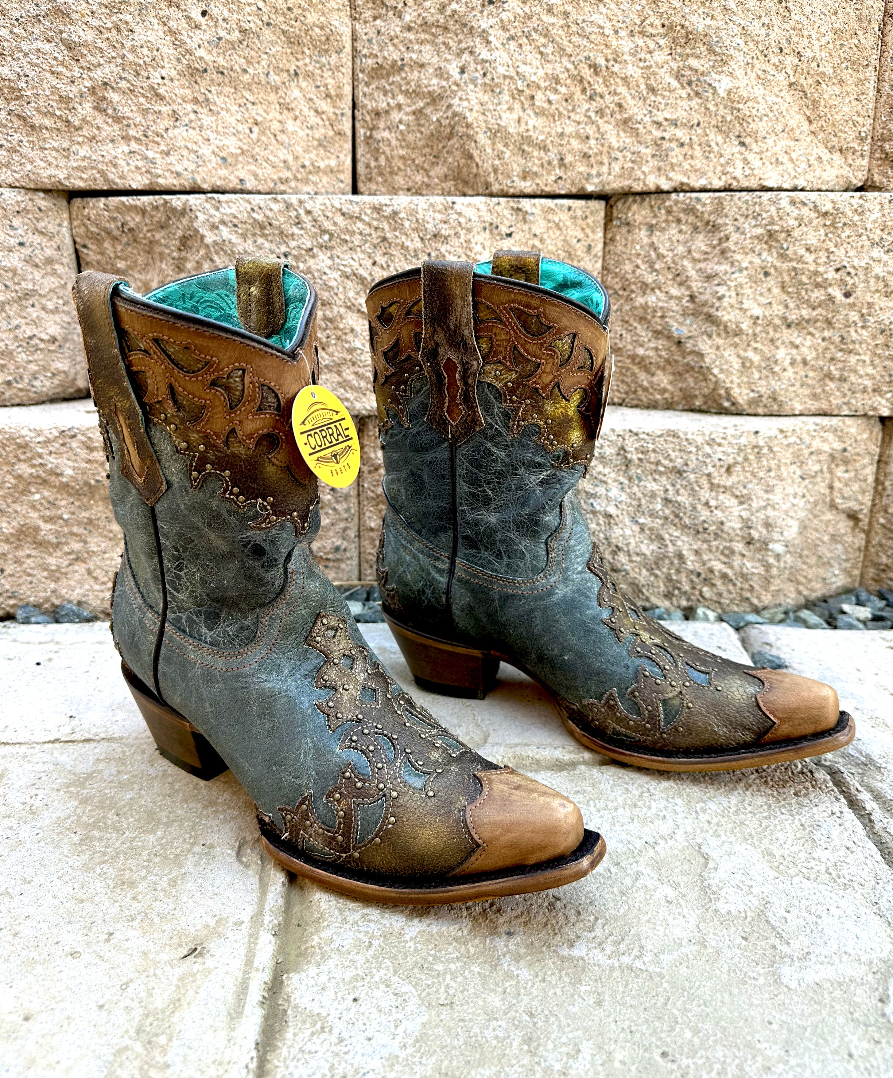 Corral Women's Ankle Boot Z5149 - Black Bronze Overlay, Embroidery, Studs & Fringes