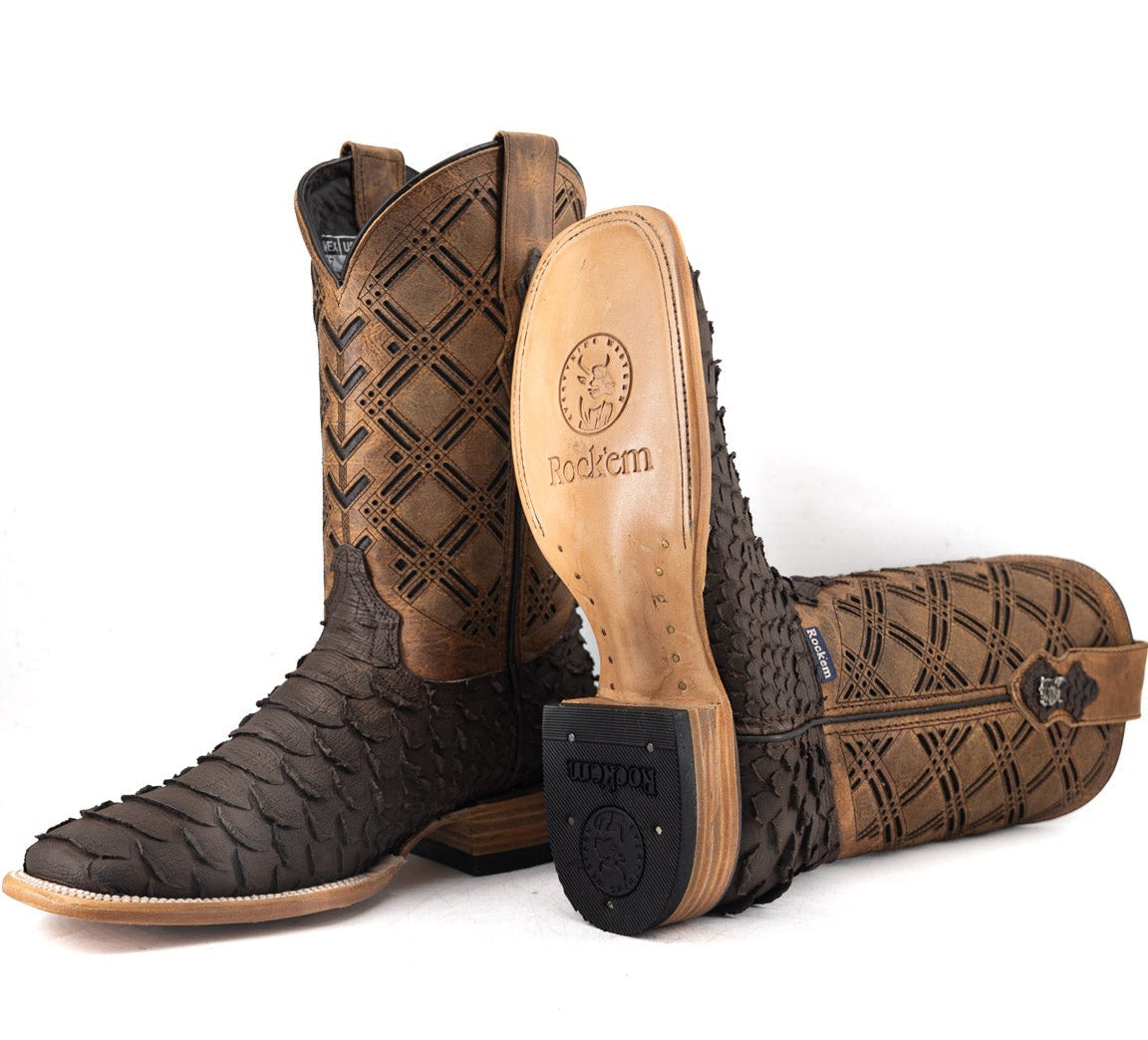 Rock'em Men's Bradley Python Print Square Toe Cowboy Boot MR22 - Matte Brown