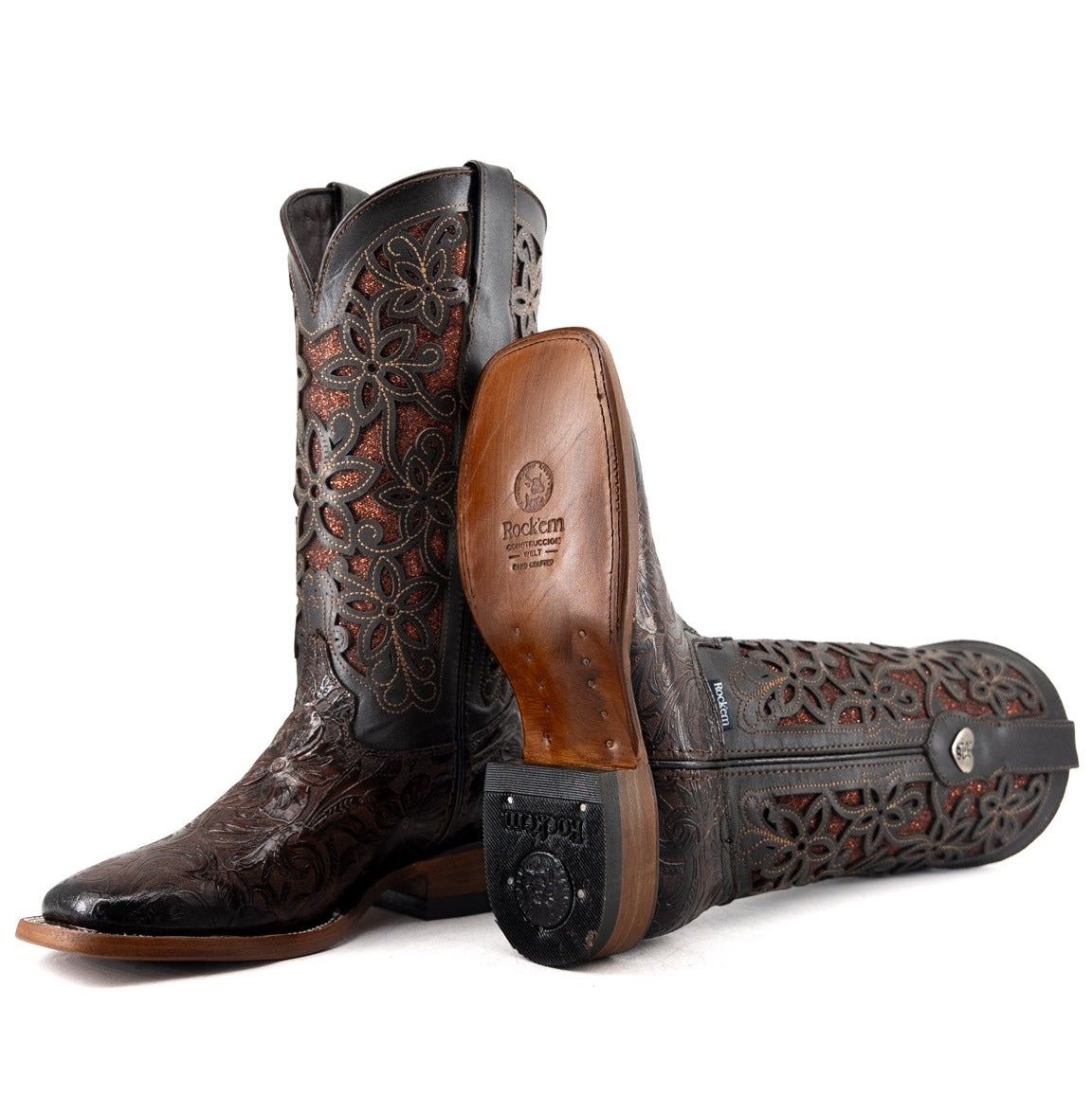 Rock'em Women's Alma Flor de Luz Tooled Square Toe 012 - Brown
