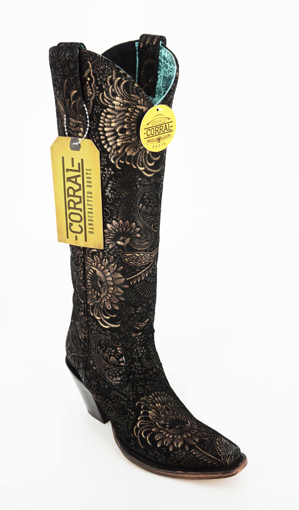 Corral Women's Stamped Floral Suede Boot A4481 - Black/Gold