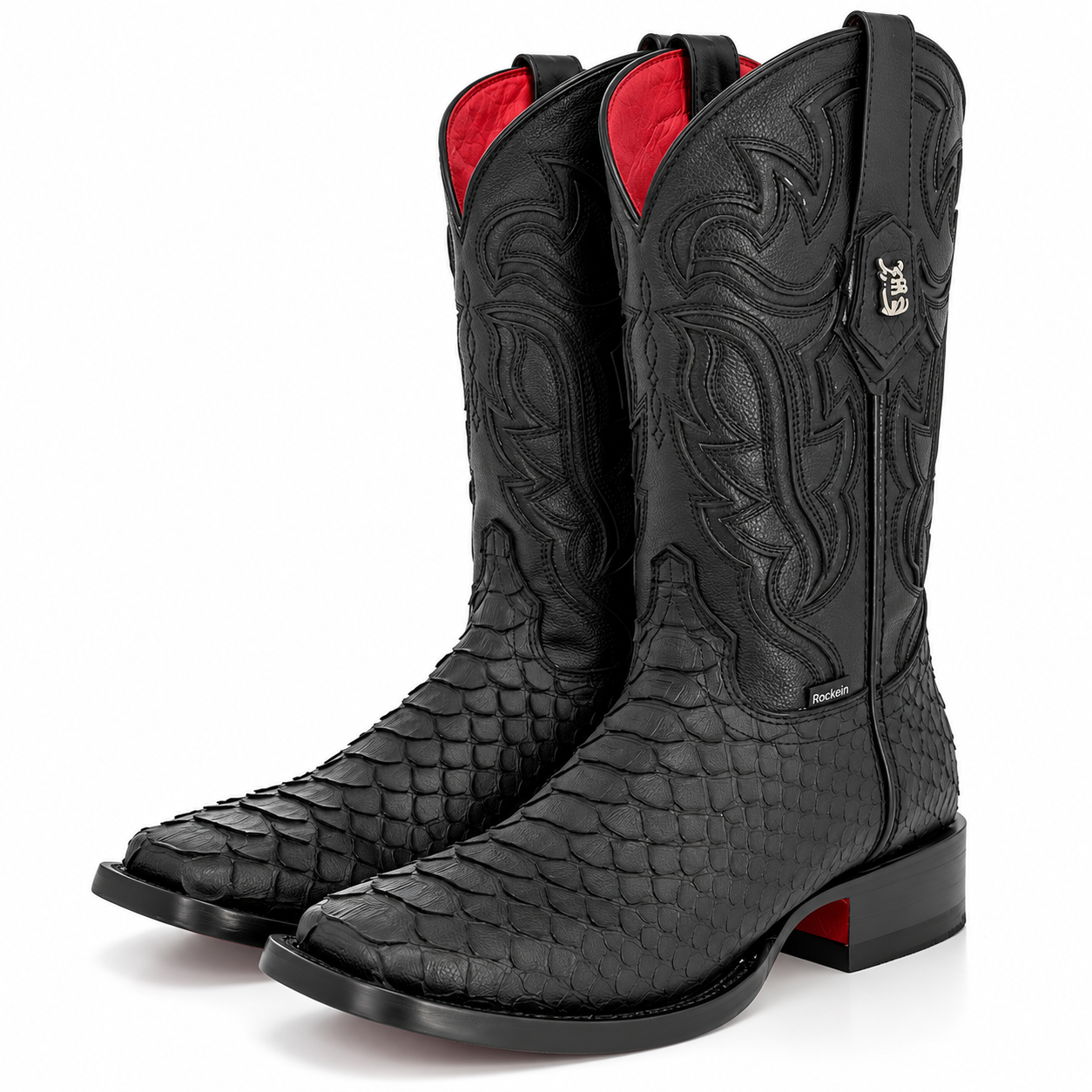 Rock'em Men's Python Print Red Bottom Cowboy Boot MR26 - Matte Black