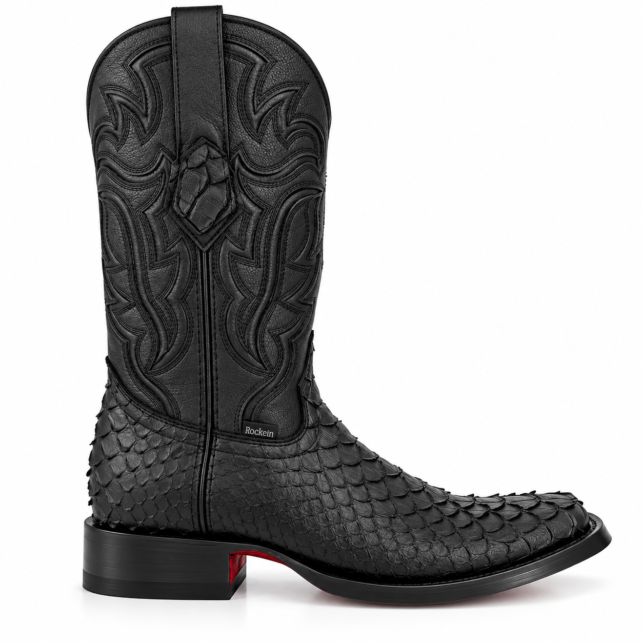 Rock'em Men's Python Print Red Bottom Cowboy Boot MR26 - Matte Black
