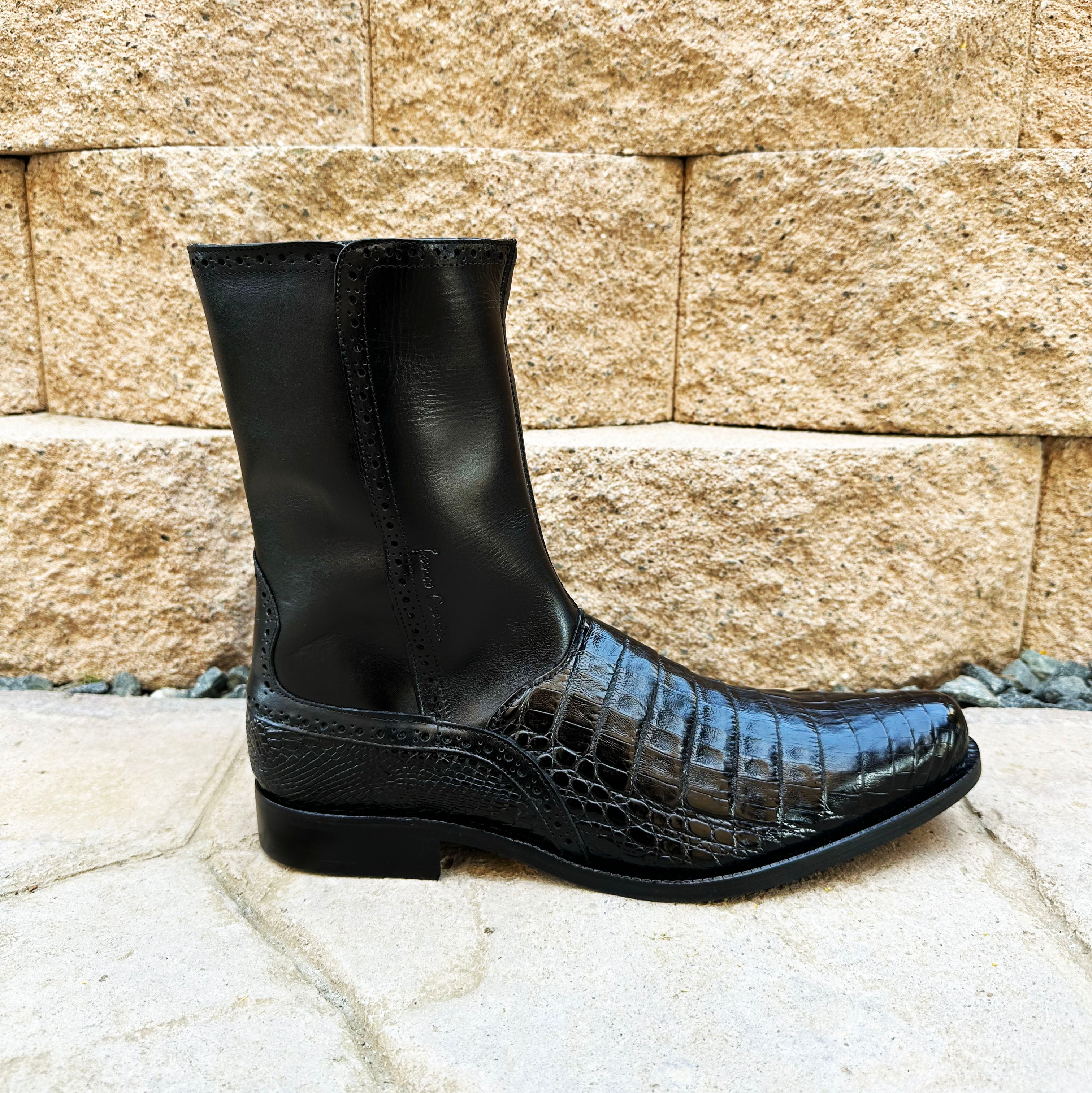 Franco Cuadra Men's Ternera Inca Caiman Short Boot with Zipper FC656 - Black
