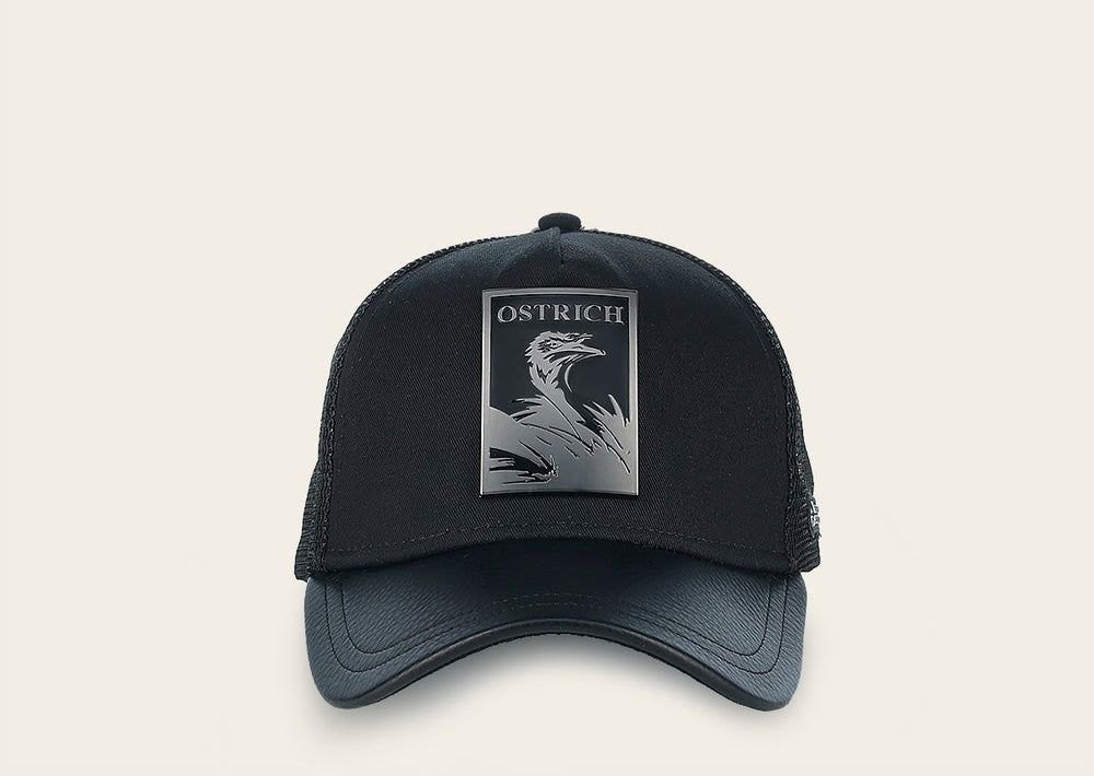 Cuadra Men's Ostrich Metal Patch Leather Cap CC116 - Black
