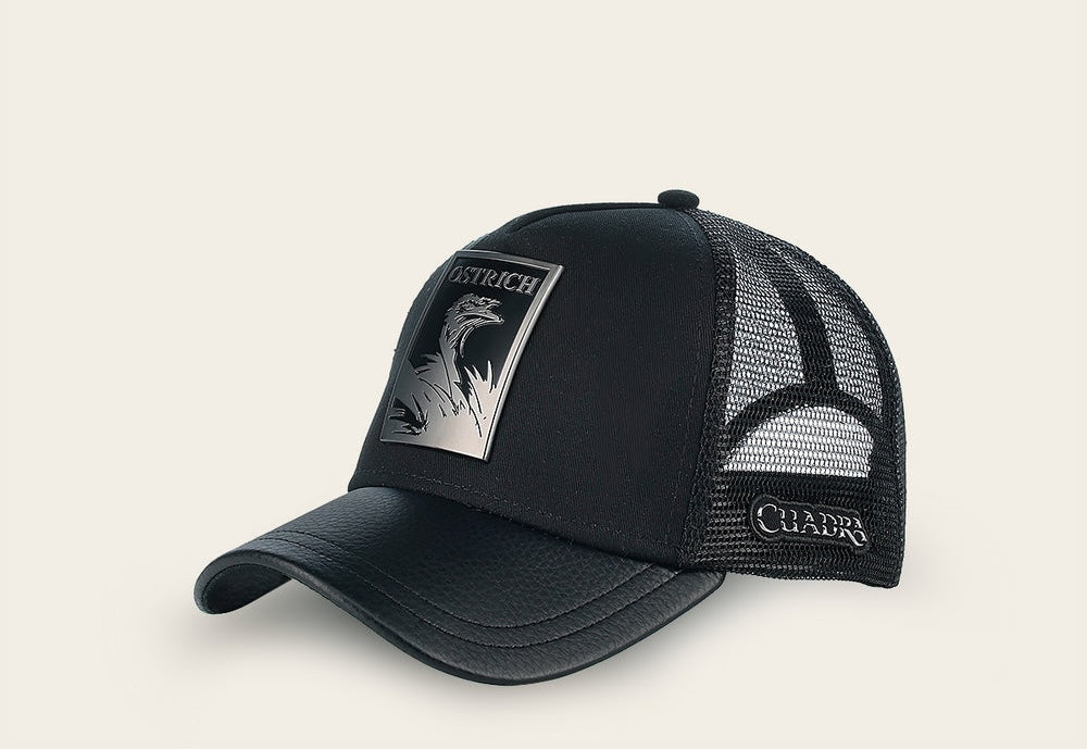 Cuadra Men's Ostrich Metal Patch Leather Cap CC116 - Black
