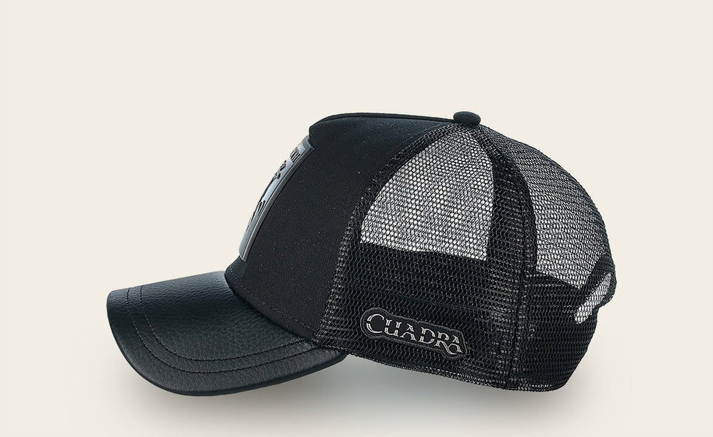 Cuadra Men's Ostrich Metal Patch Leather Cap CC116 - Black