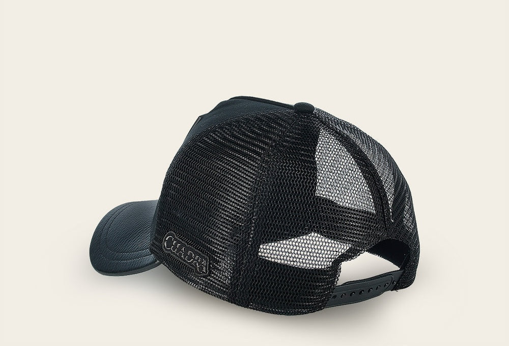 Cuadra Men's Ostrich Metal Patch Leather Cap CC116 - Black