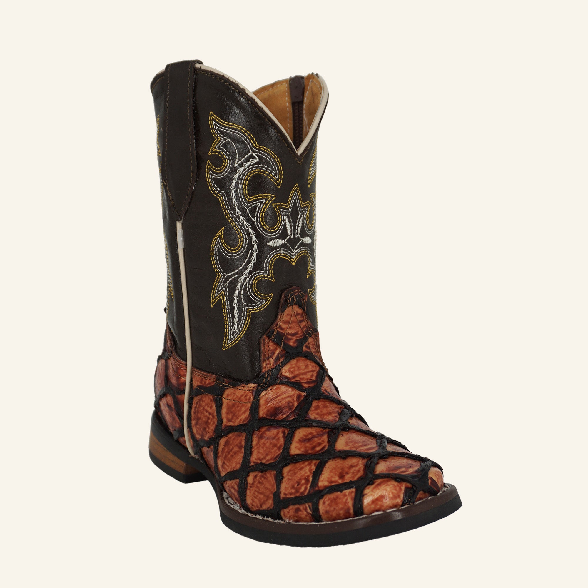 Hooch Kids Fish Print Cowboy Boot HN534 - Cognac