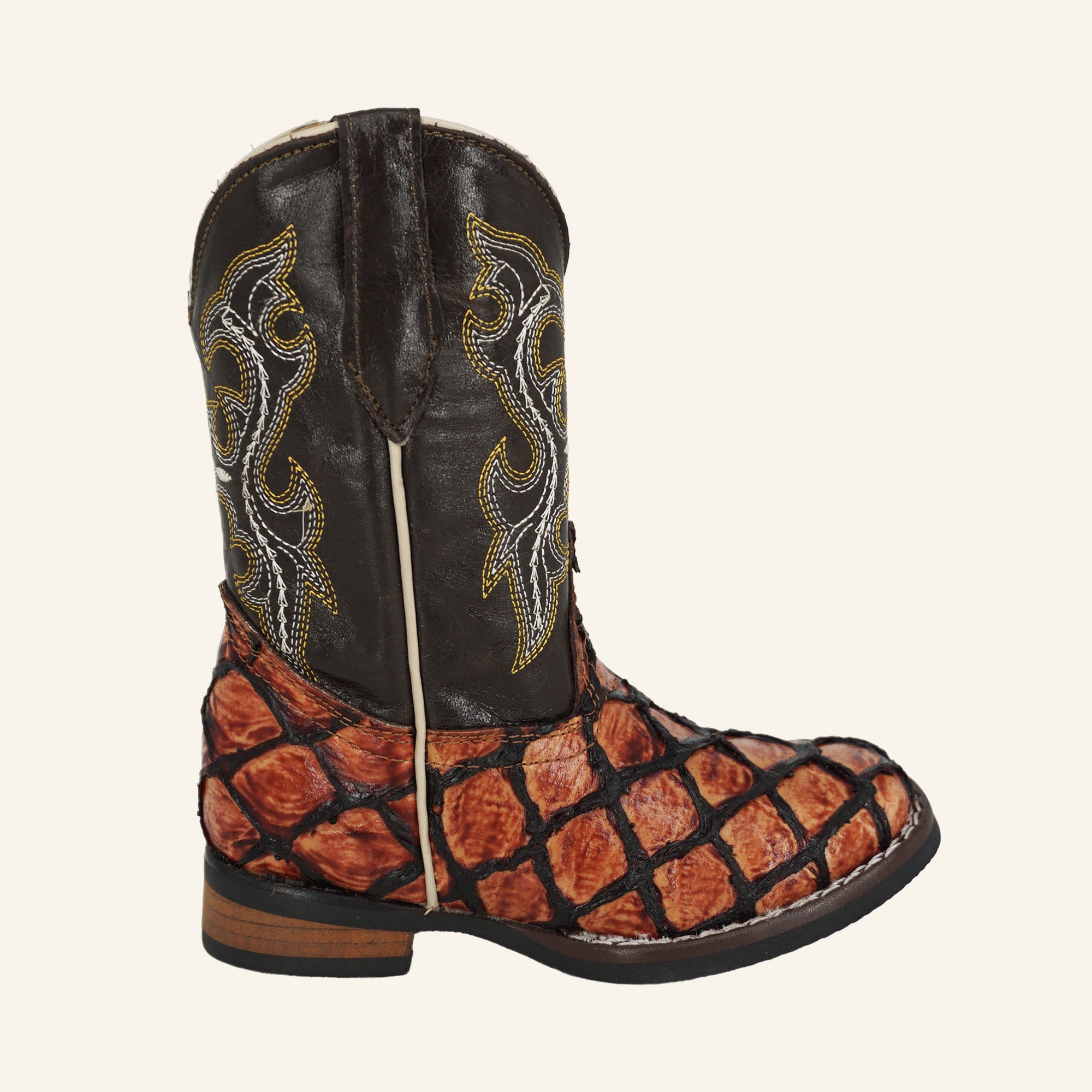 Hooch Kids Fish Print Cowboy Boot HN534 - Cognac
