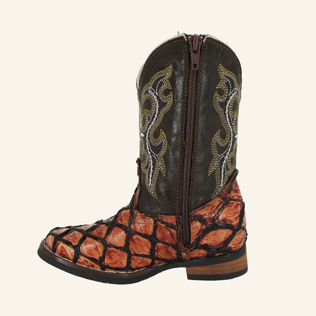 Hooch Kids Fish Print Cowboy Boot HN534 - Cognac
