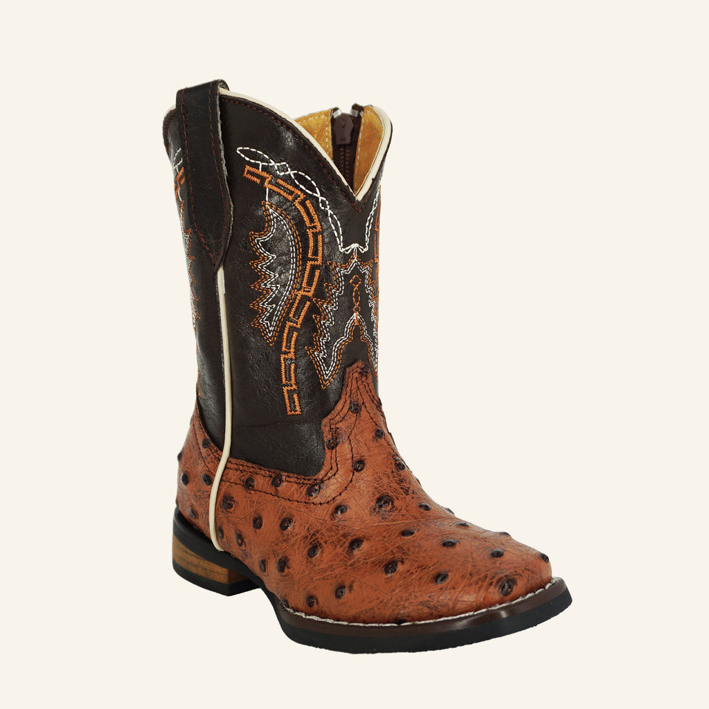 Hooch Kids Ostrich Print Cowboy Boot HN536 - Cognac