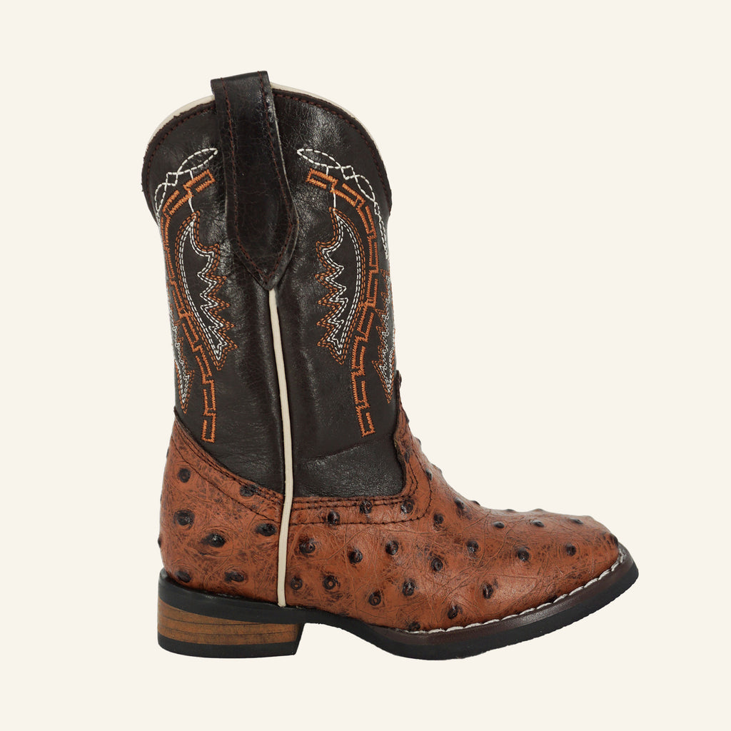 Hooch Kids Ostrich Print Cowboy Boot HN536 - Cognac