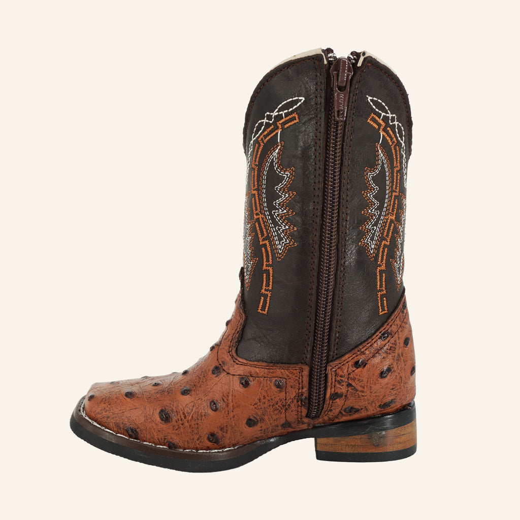 Hooch Kids Ostrich Print Cowboy Boot HN536 - Cognac