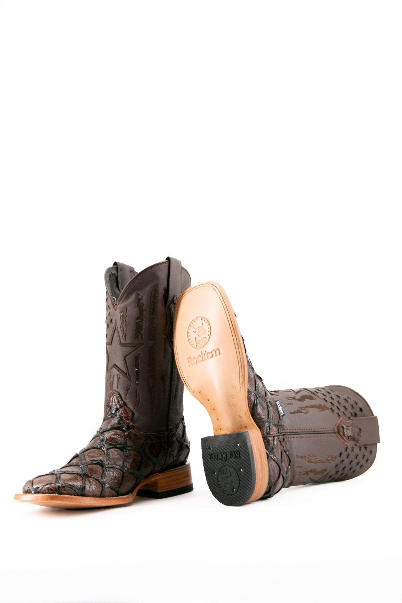 Rock'em Men's Clone Fish Pirarucu Square Toe Cowboy Boot - Brown