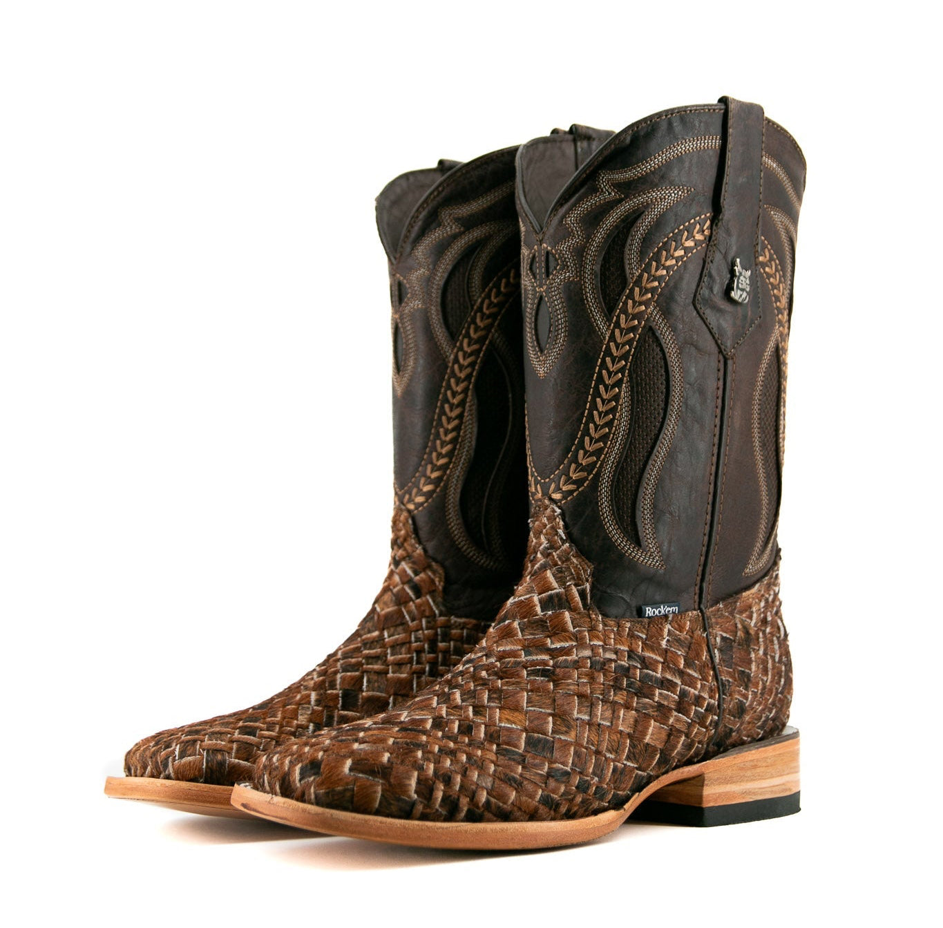 Rock'em Woven Cowhide Square Toe Cowboy Boot  - Red Angus