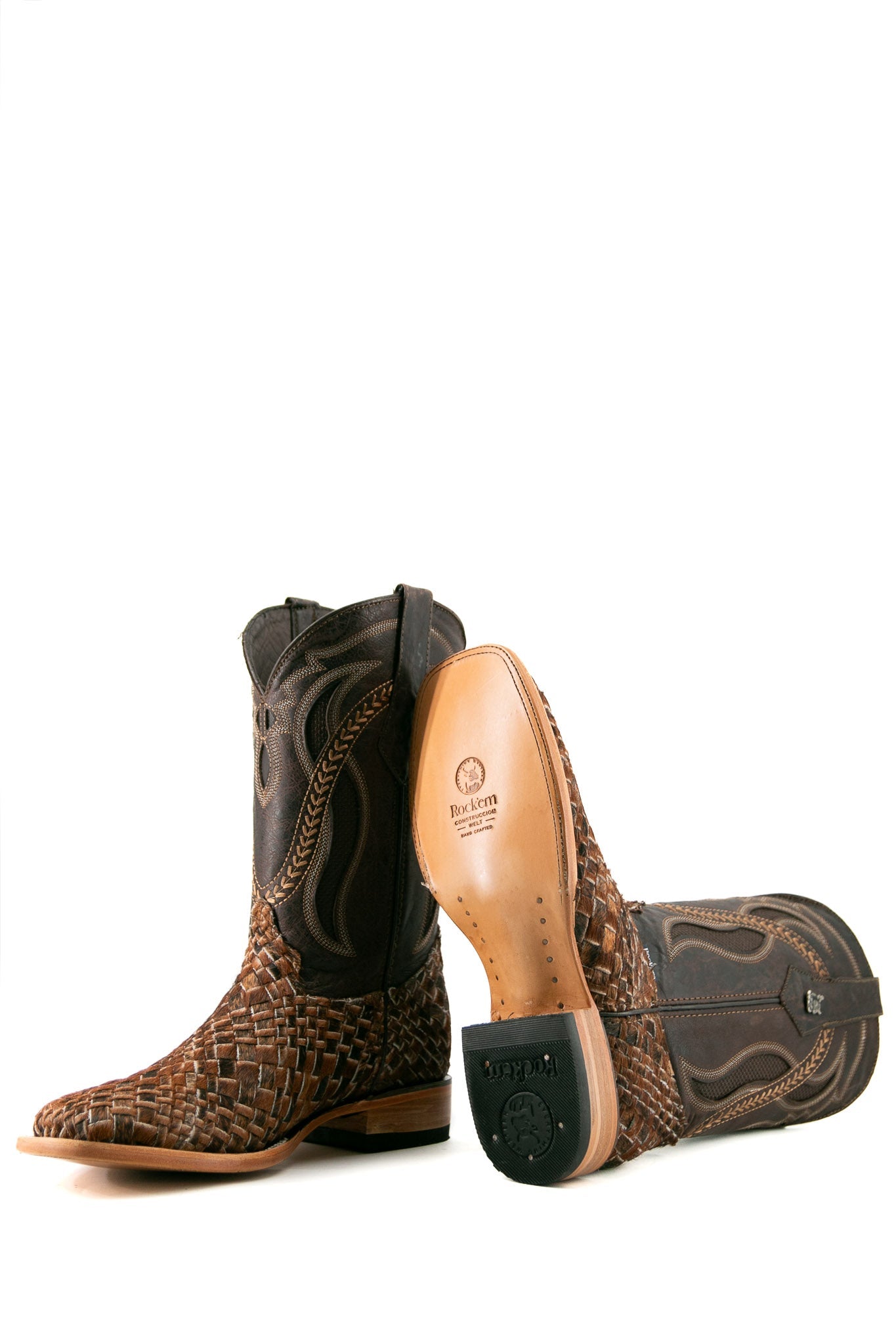 Rock'em Woven Cowhide Square Toe Cowboy Boot  - Red Angus