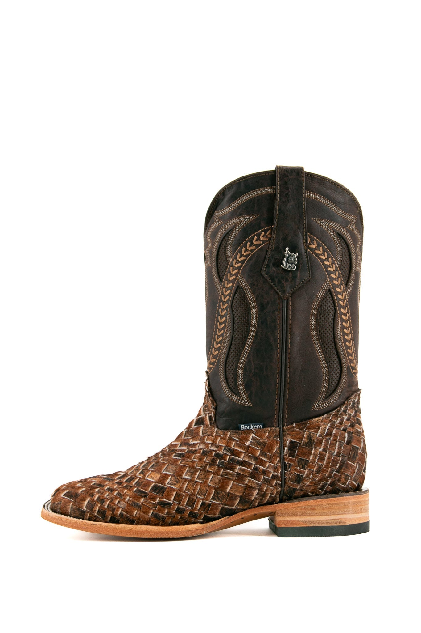 Rock'em Woven Cowhide Square Toe Cowboy Boot  - Red Angus