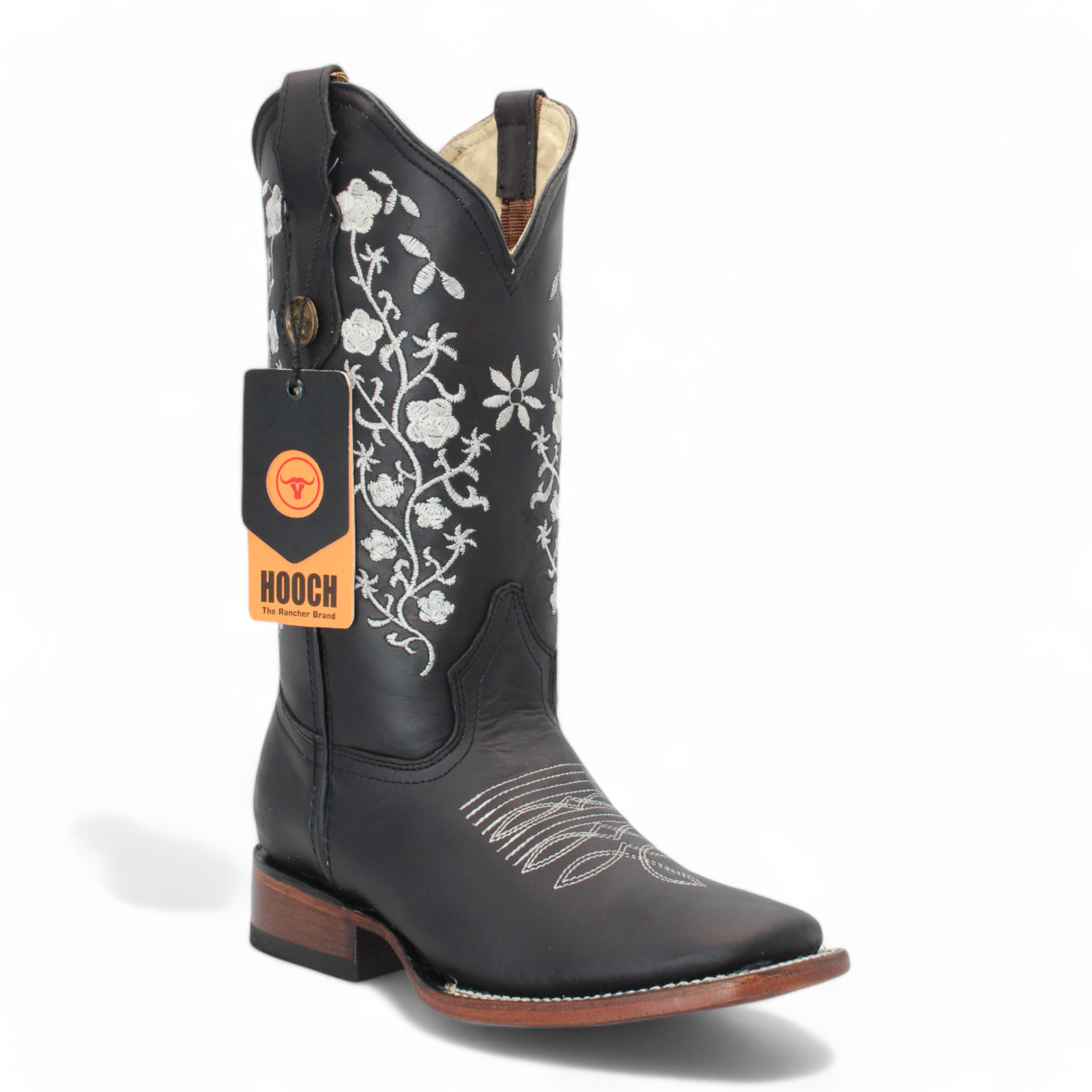 Women’s Square Toe Western Boots Black Genuine Leather Embroidered 12” Shaft – H22M2605