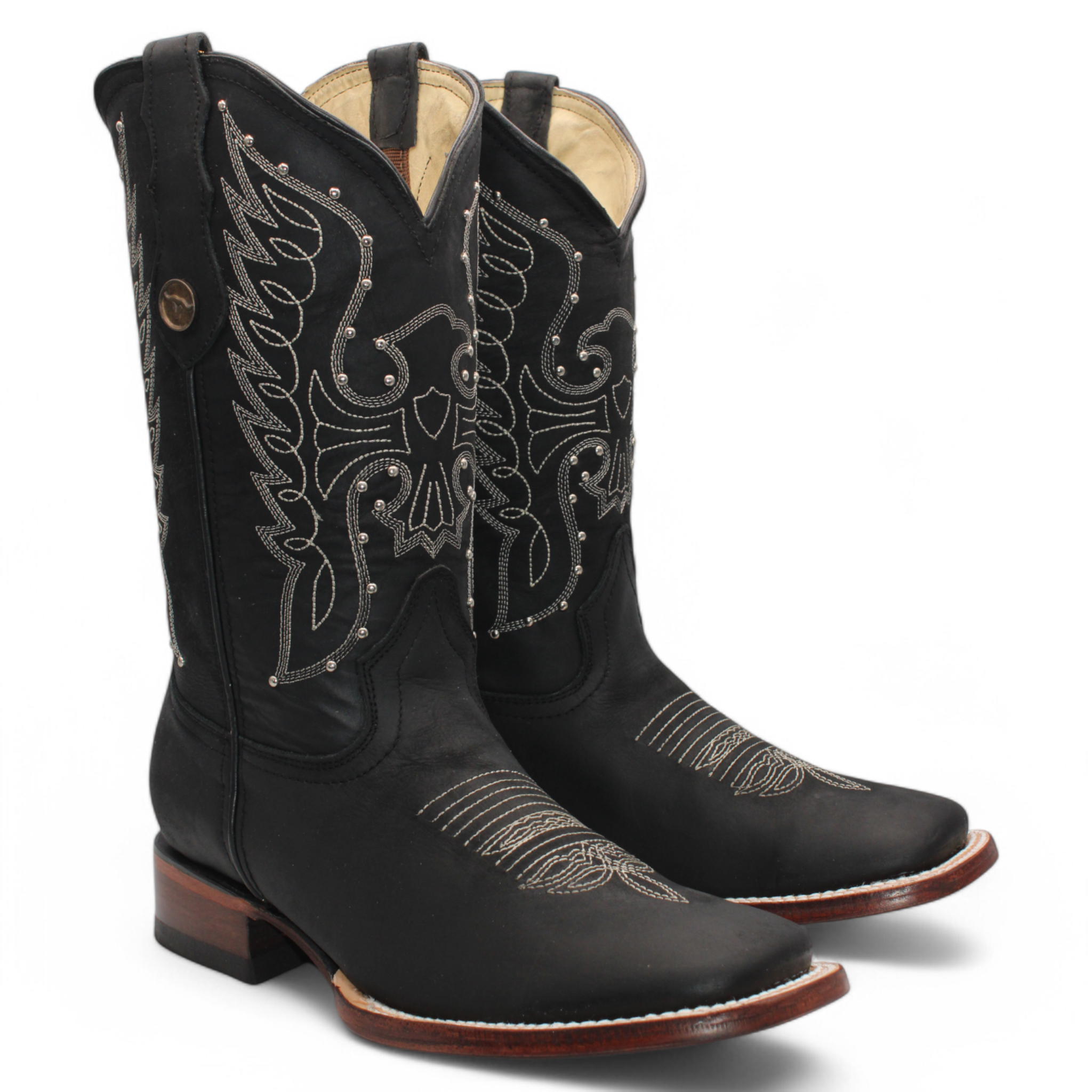 Women’s Square Toe Western Boots Black Genuine Leather Embroidered 12” Shaft - H222605