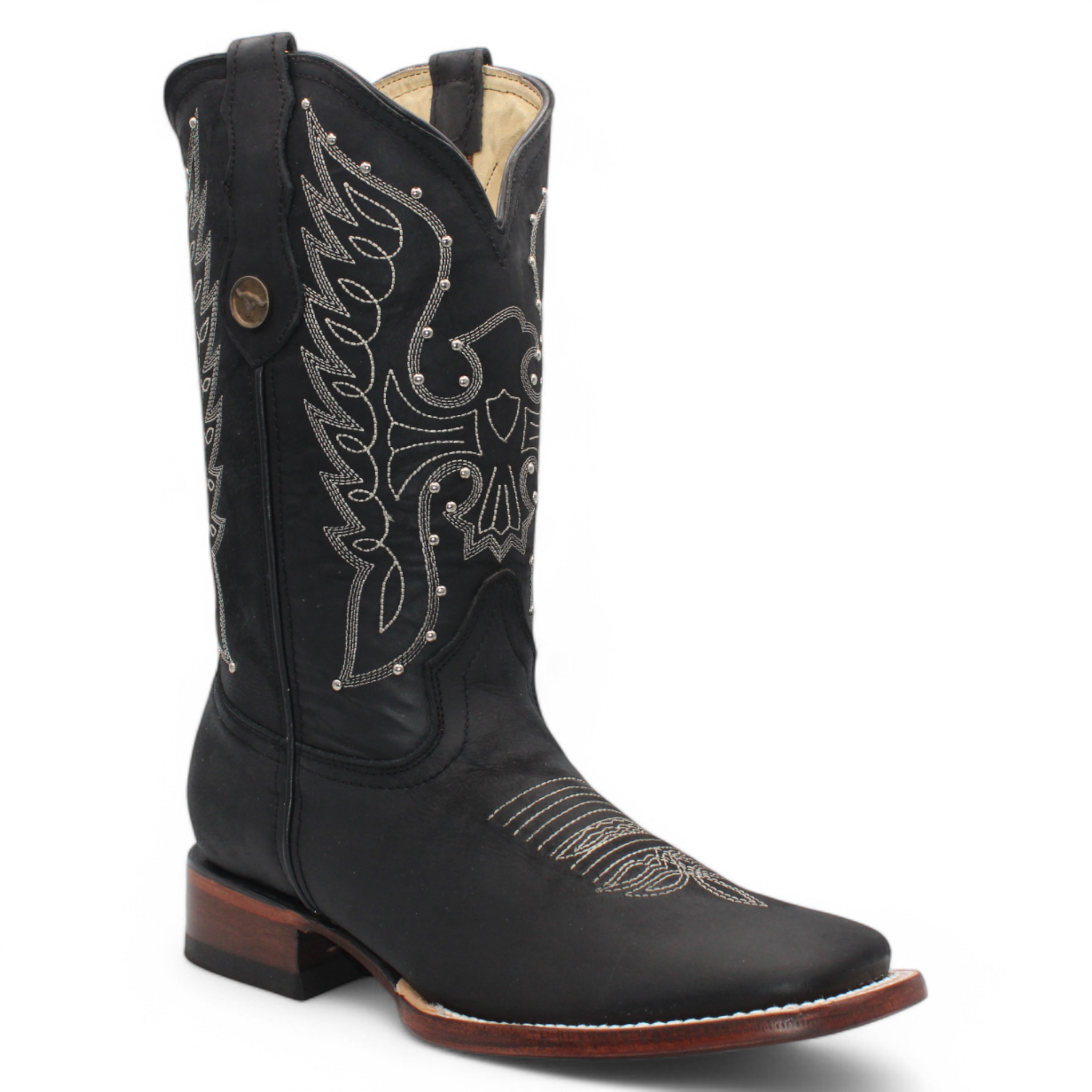 Women’s Square Toe Western Boots Black Genuine Leather Embroidered 12” Shaft - H222605