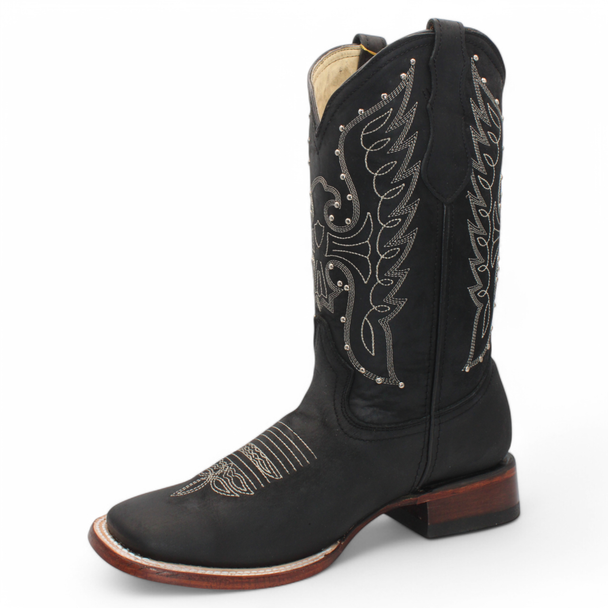 Women’s Square Toe Western Boots Black Genuine Leather Embroidered 12” Shaft - H222605