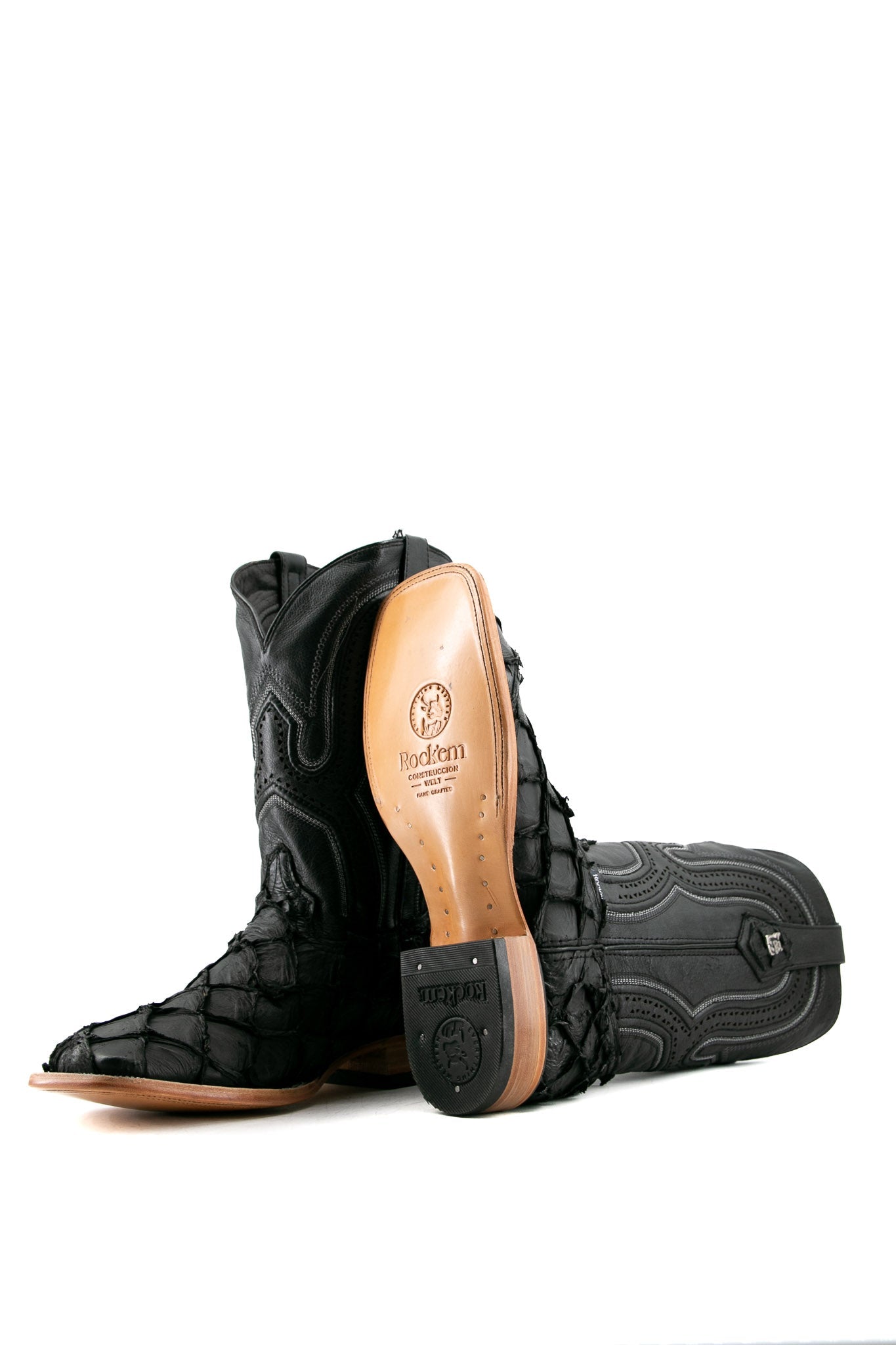 Rock'em Men's Exotic Fish Square Toe Cowboy Boot - Black