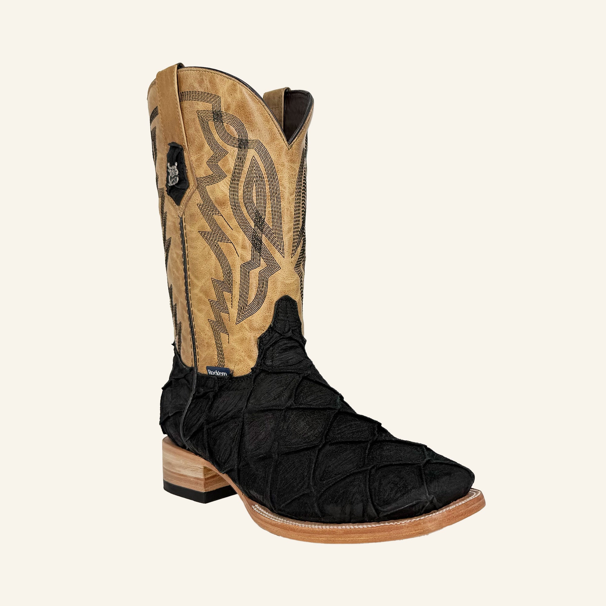 Rock'em Pirarucu Fish Print Square Toe Cowboy Boot MP02 - Matte Black