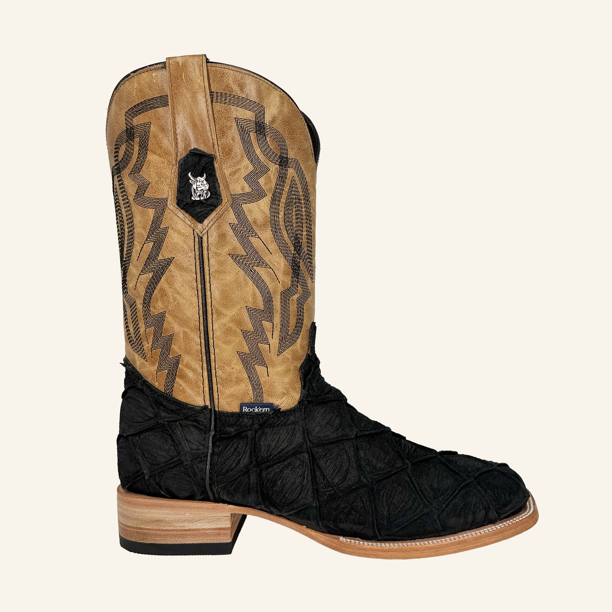 Rock'em Pirarucu Fish Print Square Toe Cowboy Boot MP02 - Matte Black