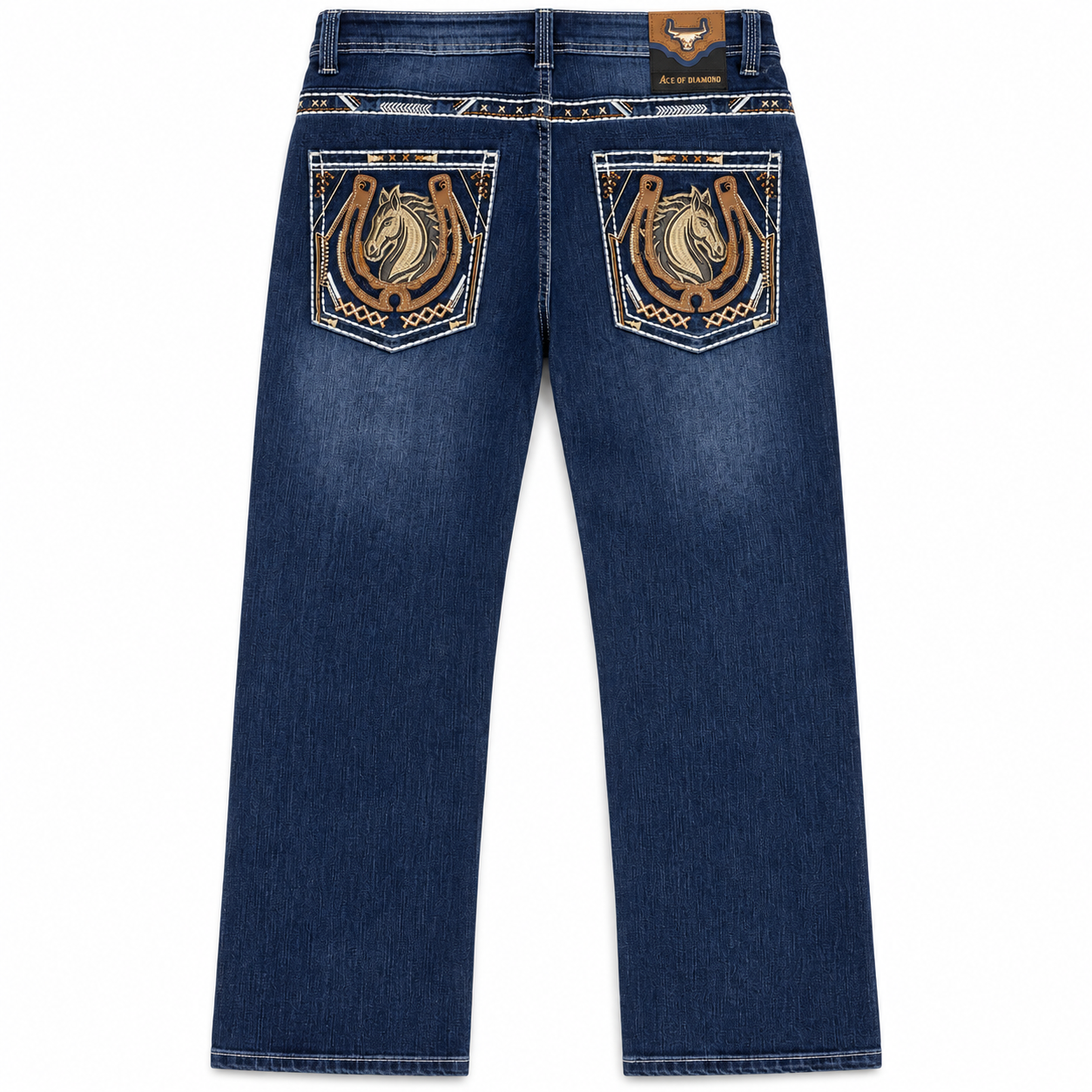 Men's Dark Blue Western Bootcut Jeans with Horse Embroidery – P-1365