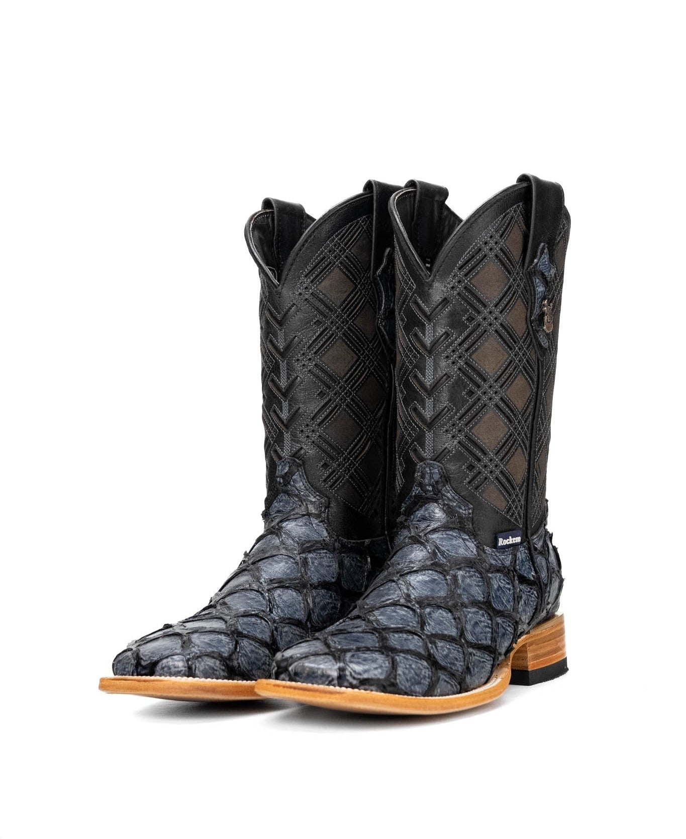 Rock'em Pirarucu Fish Print Square Toe Cowboy Boot -Gris/Azulado