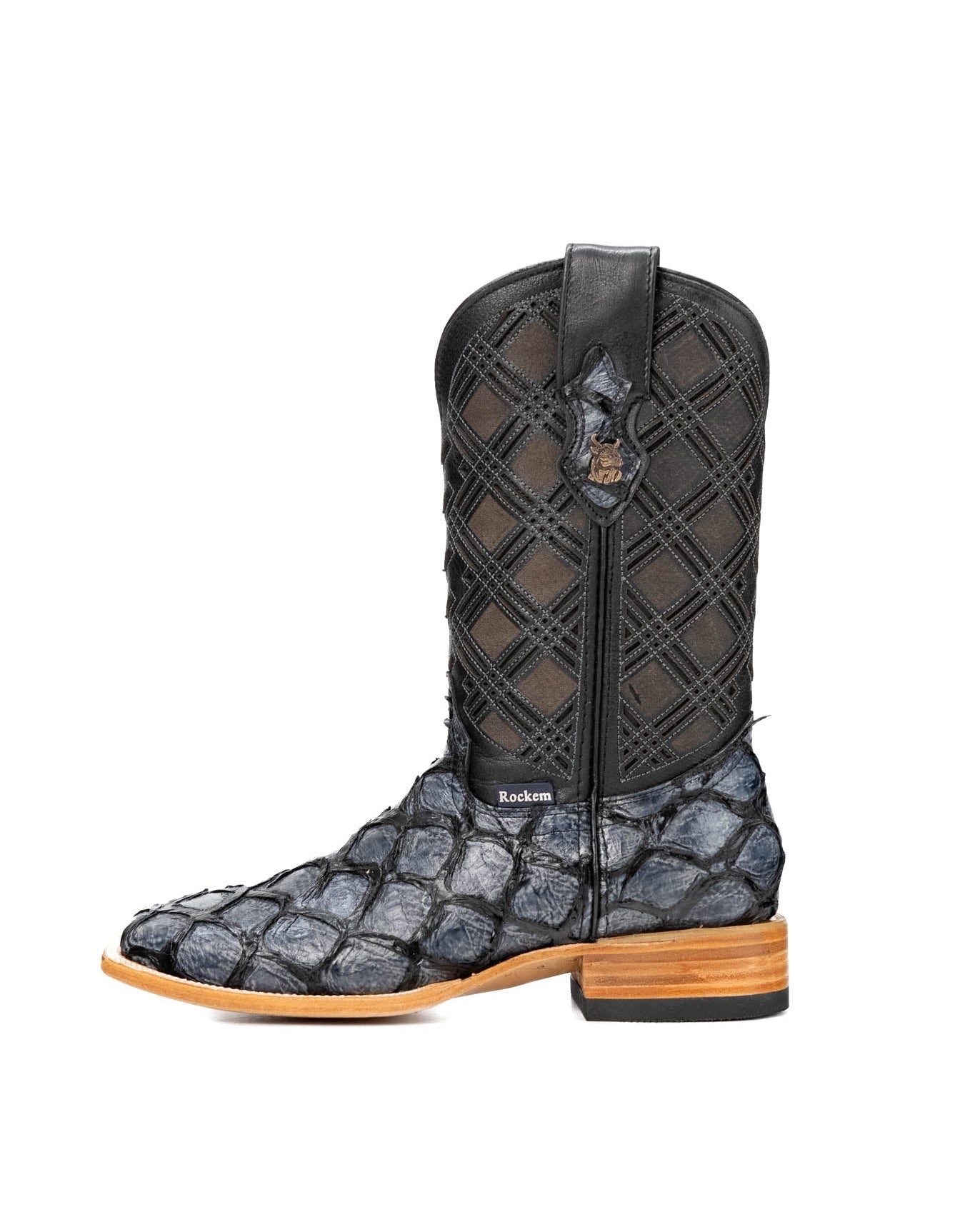 Rock'em Pirarucu Fish Print Square Toe Cowboy Boot -Gris/Azulado