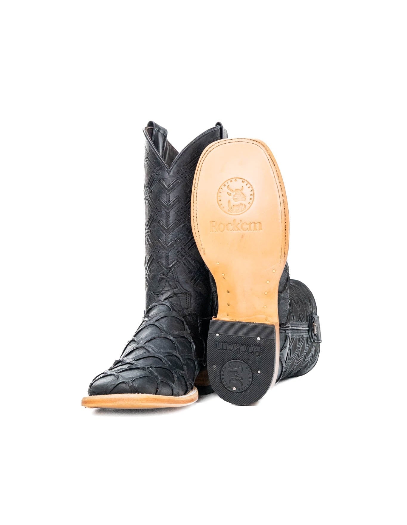 Rock'em Pirarucu Fish Print Square Toe Cowboy Boot - Matte Black