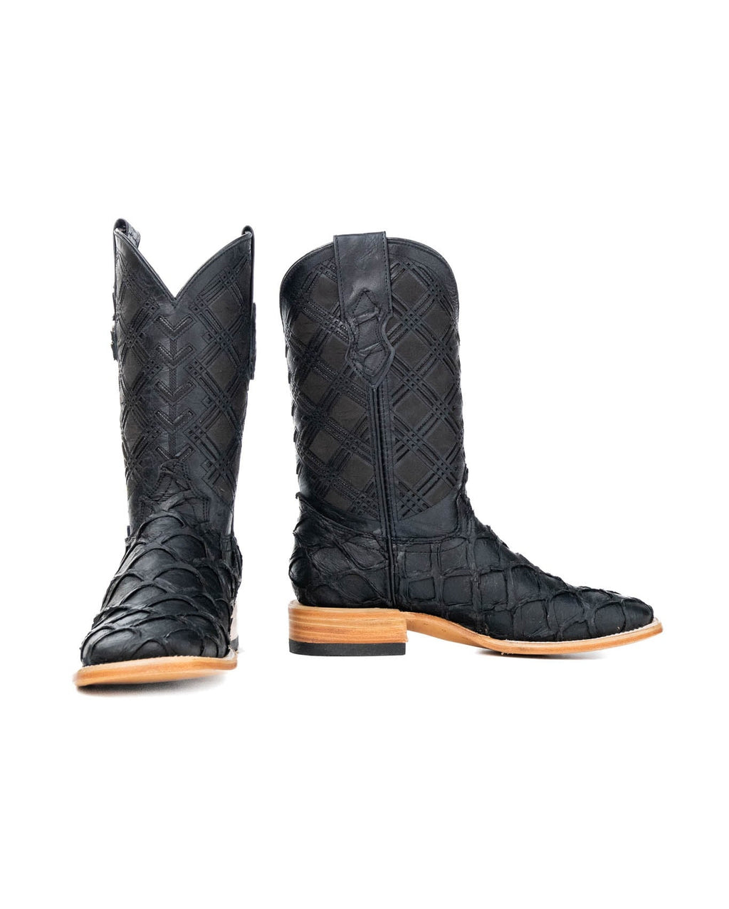 Rock'em Pirarucu Fish Print Square Toe Cowboy Boot - Matte Black