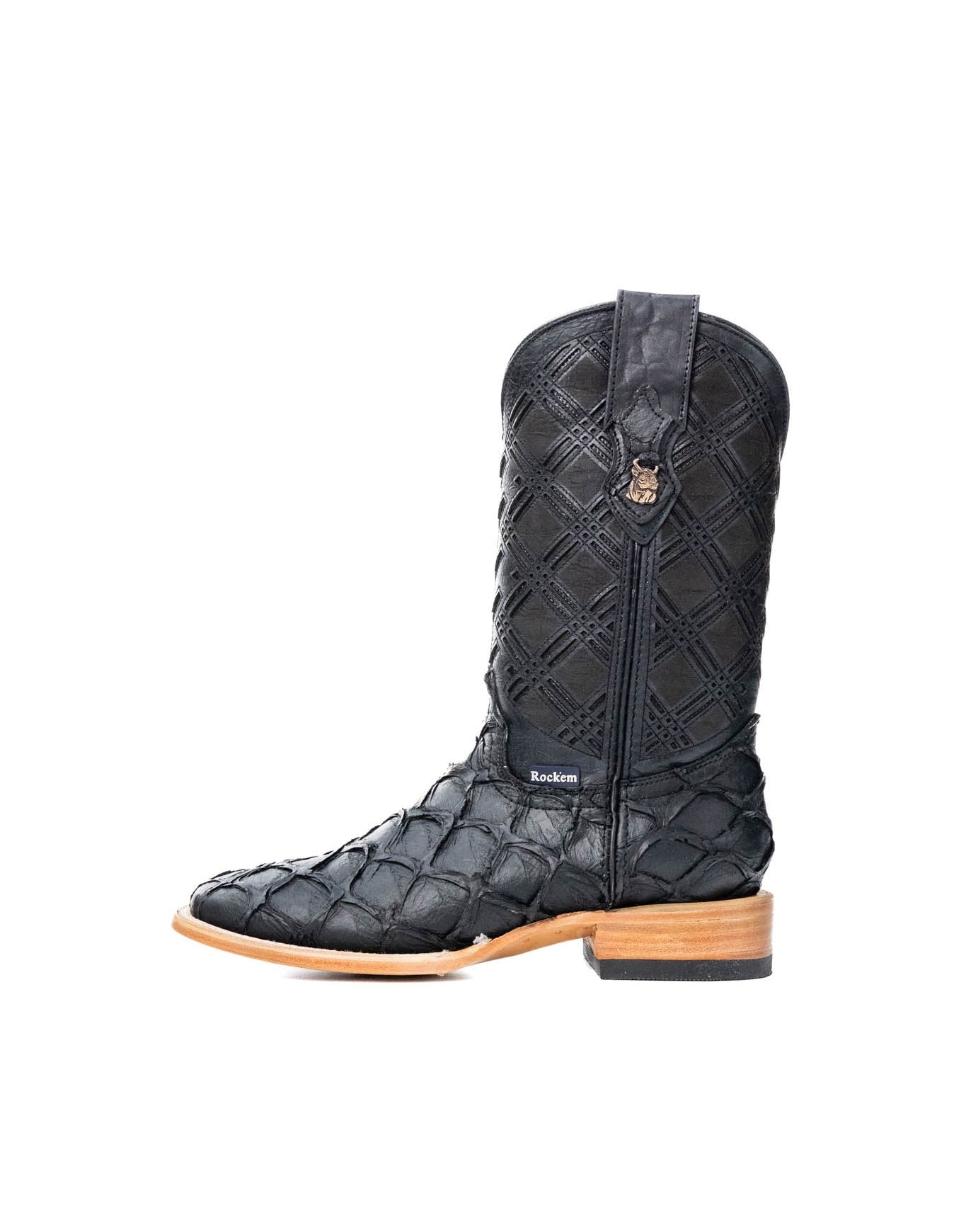 Rock'em Pirarucu Fish Print Square Toe Cowboy Boot - Matte Black