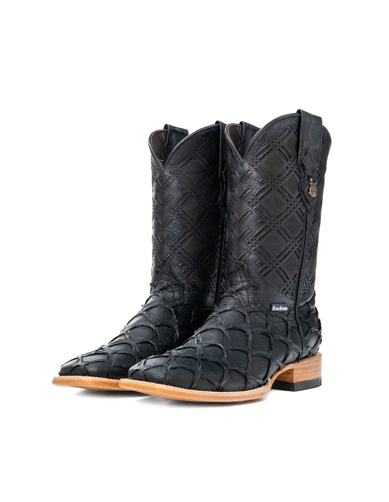 Rock'em Pirarucu Fish Print Square Toe Cowboy Boot - Matte Black