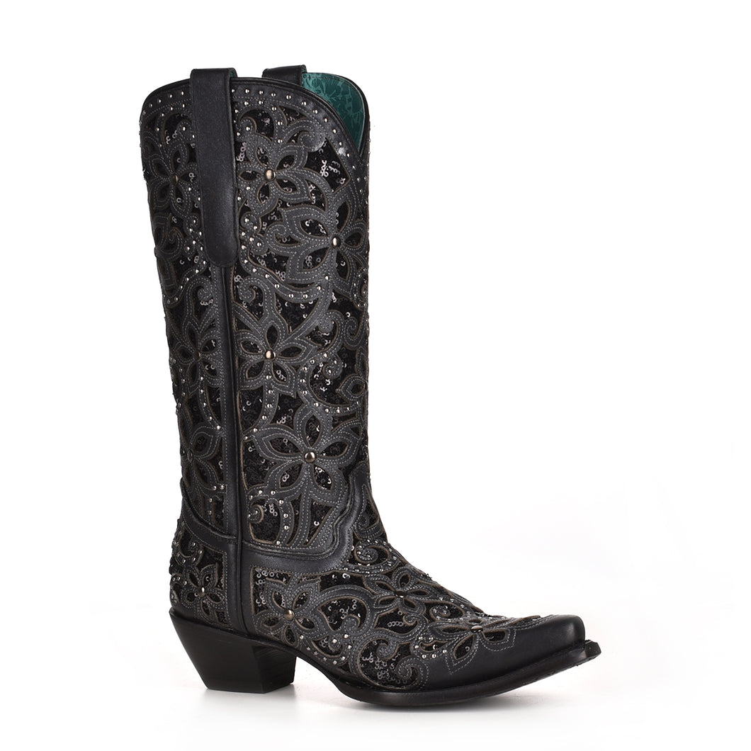 Women’s Corral Boots Snip Toe A3752 Black Inlay & Embroidery